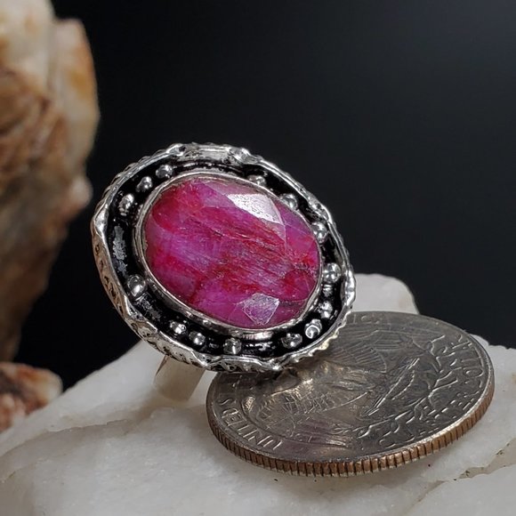 Genuine Cabochon Raw Pink Ruby Stone Silver Ring - Picture 4 of 4